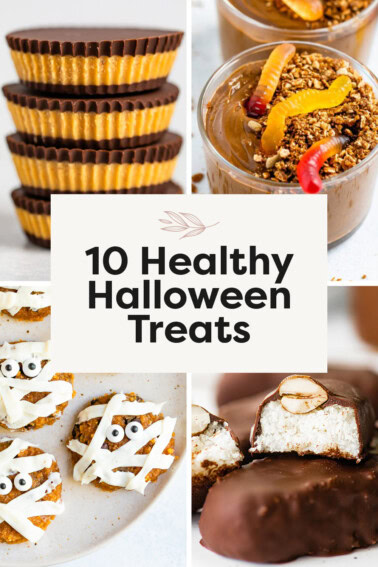 Collage of four photos: peanut butter cups, dirt pudding cups, mummy cookies and homemade almond joy bars.