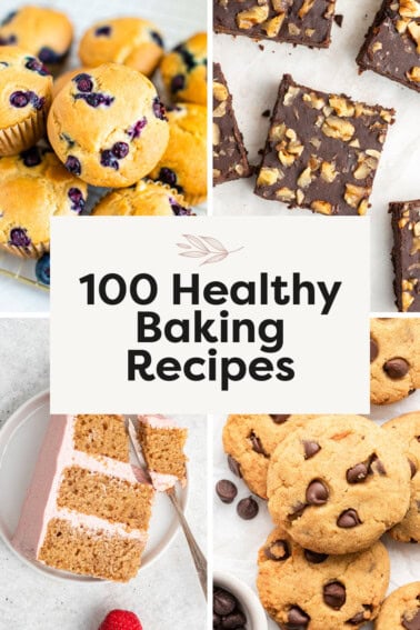 Collage of photos: blueberry muffins, brownies, slice of strawberry cake and coconut flour chocolate chip cookies.