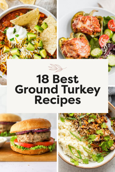 Collage of photos: taco soup, stuffed peppers, turkey burger and an egg roll in a bowl.