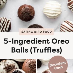 Top image: Assorted Oreo truffles coated in white and milk chocolate, some drizzled or topped with crushed Oreos, arranged on a light surface. Bottom-left image: Close-up of Oreo truffles with one cut open, showing the soft, dark Oreo filling inside a white chocolate shell. Bottom-right image: Plate filled with mixed white and milk chocolate–coated Oreo truffles, some drizzled or topped with crumbs, surrounded by whole Oreo cookies.