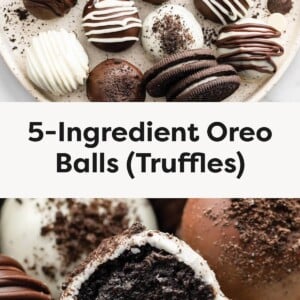 Top photo: Plate of assorted Oreo truffles coated in white and milk chocolate with drizzle and crushed Oreo toppings. Bottom photo: Close-up of Oreo truffles with one cut open, showing the dark, creamy Oreo filling inside a white chocolate shell.