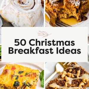 Collage of four photos of different breakfast items plated: cinnamon roll, slice of pumpkin french toast casserole, egg casserole and gingerbread baked oatmeal.