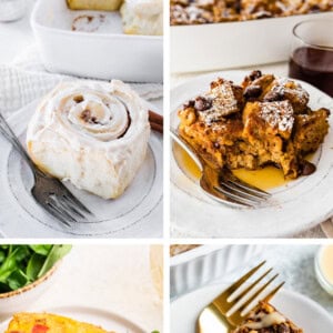Collage of four photos of different breakfast items plated: cinnamon roll, slice of pumpkin french toast casserole, egg casserole and gingerbread baked oatmeal.