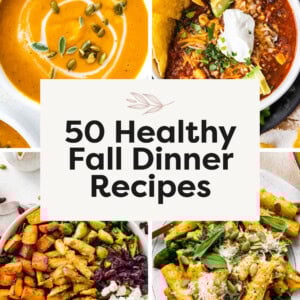 Collage of four photos: butternut squash soup, turkey chili, harvest bowl and pumpkin pasta.