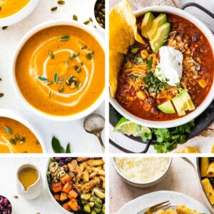 Collage of four photos: butternut squash soup, turkey chili, harvest bowl and pumpkin pasta.