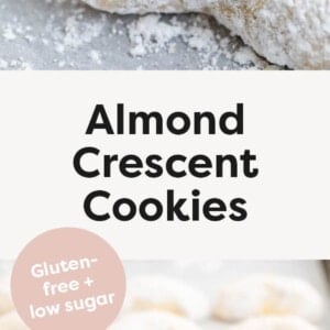 Almond Crescent Cookies, one with a bite taken out of it, and cookies lined up on a cookie sheet.