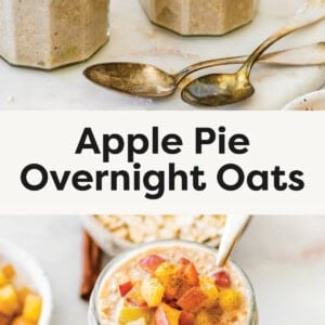 Two jars of apple cinnamon overnight oats topped with diced apples and cinnamon, with spoons beside them. Jar of apple cinnamon overnight oats topped with diced apples and cinnamon, with oats and cinnamon sticks in the background.