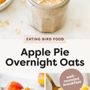 Jar of apple cinnamon overnight oats topped with diced apples and cinnamon. Two jars of apple cinnamon overnight oats with fresh apples in the background. Spoonful of apple cinnamon overnight oats with diced apples.