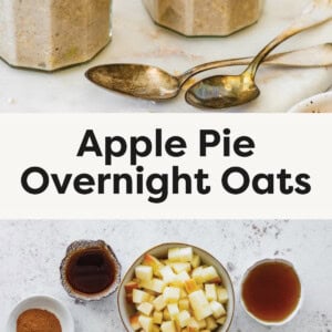 Two jars of apple cinnamon overnight oats topped with diced apples and cinnamon, with two spoons placed in front. Ingredients for apple cinnamon overnight oats laid out in bowls, including oats, chopped apple, cinnamon, vanilla, maple syrup, coconut yogurt, and dairy-free milk.