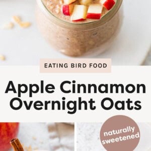 Overhead view of a jar filled with apple cinnamon overnight oats, topped with diced apples and a cinnamon stick. Two jars of apple cinnamon overnight oats on a plate, garnished with apple pieces and cinnamon sticks. Spoon scooping apple cinnamon overnight oats from a glass jar, showing the creamy texture and oats.