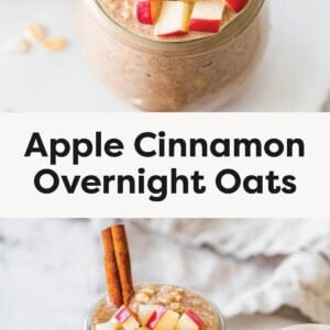 Close-up of a jar of apple cinnamon overnight oats topped with diced apples and a cinnamon stick. Two jars of apple cinnamon overnight oats on a plate, garnished with chopped apples and cinnamon sticks.
