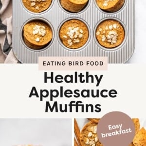Top image: Overhead view of a muffin tin filled with freshly baked applesauce muffins topped with oats. Bottom left image: Close-up of a bitten applesauce muffin on a rustic white wooden surface, surrounded by more muffins. Bottom right image: Flat lay of applesauce muffins topped with oats, next to a small bowl of applesauce and cinnamon sticks.