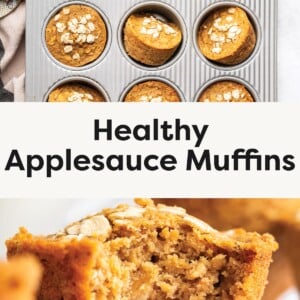 Top photo: A muffin pan filled with freshly baked applesauce muffins, each topped with a sprinkle of rolled oats. Bottom photo: A close-up of a moist and fluffy applesauce muffin with a bite taken out, showing the soft interior texture.