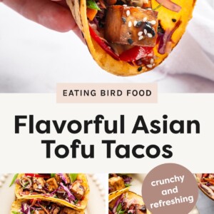 Close-up of a hand holding a grilled taco filled with glazed tofu cubes, slaw, scallions, and sesame seeds. Overhead shot of three tofu tacos on a plate with lime wedges, vibrant slaw, and a “crunchy and refreshing” label. Overhead view of multiple tofu tacos on a platter, with a hand picking up one taco and lime wedges scattered around.