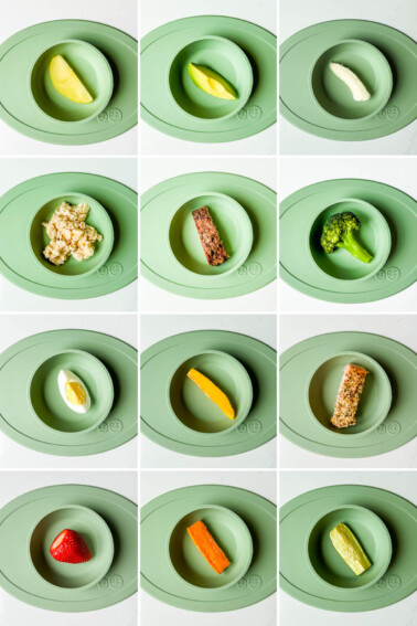 Collage of 12 photos showing foods good for baby led weaning: apple, avocado, banana, beans, beef, broccoli, egg, mango, salmon, strawberry, sweet potato and zucchini.