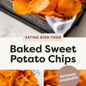 Top photo: Close-up of crispy, golden-orange baked sweet potato chips in a metal basket lined with parchment. Bottom left photo: Overhead view of a basket filled with baked sweet potato chips, some lightly sprinkled with salt. Bottom right photo: Zoomed-in image of sweet potato chips showing wavy edges and a light dusting of salt.