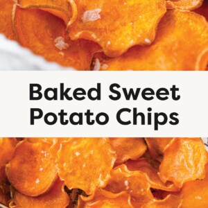Top photo: Close-up of crispy baked sweet potato chips with sea salt flakes. Bottom photo: Basket filled with golden baked sweet potato chips lined with parchment paper.