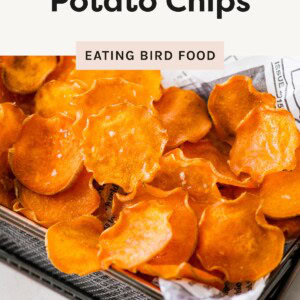 "Crispy baked sweet potato chips in a metal basket lined with parchment, with text reading 'Only three simple ingredients.'"