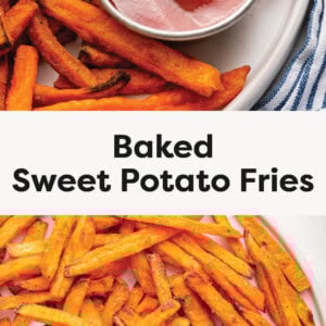 Two photos of sweet potato fries served with ketchup.