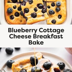 Top photo: Overhead view of a baked blueberry cottage cheese breakfast bake cut into squares with one piece lifted out on a spatula. Bottom photo: Close-up of a slice of blueberry cottage cheese bake on a plate with fresh blueberries and syrup being drizzled on top.