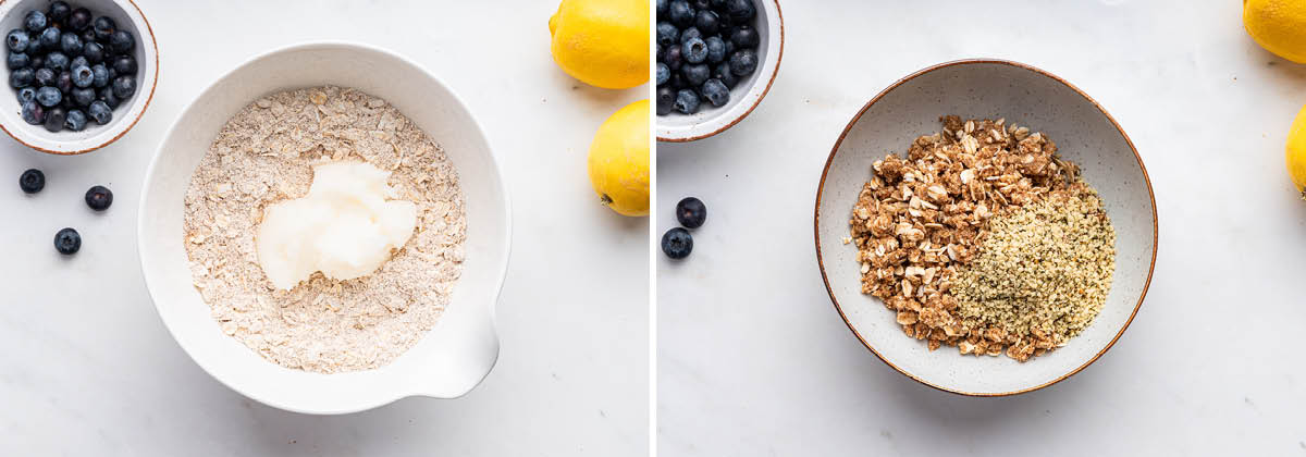 Photo of coconut oil added to oat flour and oats in a bowl. Photo beside of the mixture now a crumble, and hemp seeds added.
