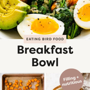 Breakfast Bowl made with greens, sweet potato, eggs, sauerkraut and avocado. Photo of roasted sweet potatoes on a sheet pan, and an overhead photo of the bowl.