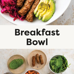 Breakfast Bowl made with greens, sweet potato, eggs, sauerkraut and avocado. Photo below is of all the ingredients measured out to make the bowl.