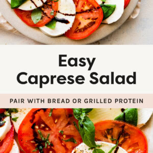 Two photos of Caprese salad on a plate drizzles with balsamic.