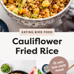 Bowl of Cauliflower Fried Rice with chopsticks. Two photos showing the process to make the Cauliflower Fried Rice: adding soy sauce to a skillet with mixed veggies and cauliflower rice, and the finished rice in a skillet with a wood spoon.