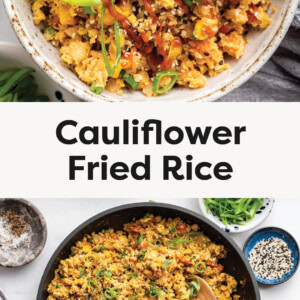 Bowl of Cauliflower Fried Rice topped with scallions and sriracha. Photo of the fried rice in a skillet.