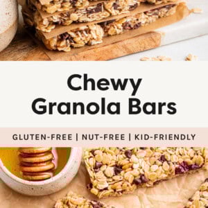 Stack of Chewy Granola Bars, and a photo of the bars on parchment paper.