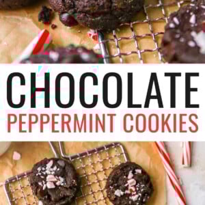 Chocolate peppermint cookies on a wire rack. A cookie with a bite taken out of it is stacked on top of another cookie in the center. Photo below is the peppermint cookies on a mini cooling rack.