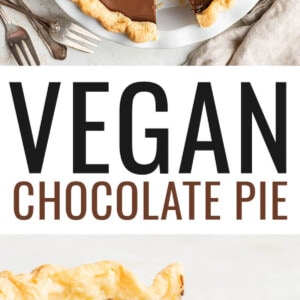 Photos of a whole pie and pie slice of vegan chocolate pie topped with coconut whipped cream.