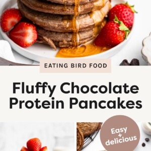 Stack of chocolate protein pancakes topped with peanut butter drizzle and fresh strawberries on a white plate. Cut stack of chocolate protein pancakes showing the fluffy inside, topped with strawberries and peanut butter. Plate with three chocolate protein pancakes drizzled with peanut butter, surrounded by chocolate chips.