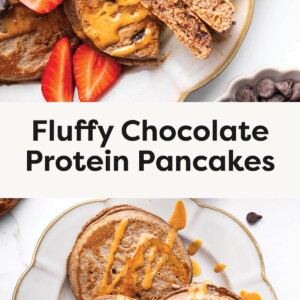 Plate of chocolate protein pancakes topped with peanut butter drizzle, chocolate chips, and fresh strawberries, with a fork cutting into a pancake. Three chocolate protein pancakes on a plate drizzled with peanut butter, with chocolate chips scattered nearby.