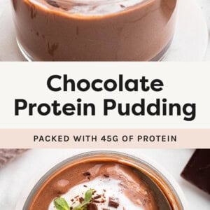 Photo of a bowl of Chocolate Protein Pudding with a spoon taking a bite from it. Photo below of the pudding garnished with a strawberry, chocolate and whipped cream.