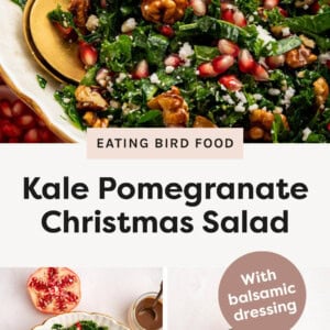 Kale and pomegranate salad in a salad bowl with serving spoons. Photo of goat cheese and pomegranates on a kale salad, and a photo of a bowl and spoon of homemade balsamic dresing.