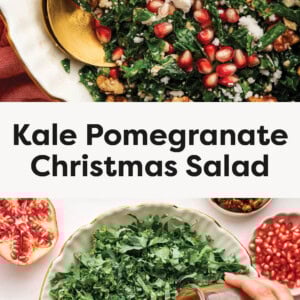 Kale and pomegranate salad in a salad bowl with serving spoons. Photo of a hand pouring balsamic dressing over kale.