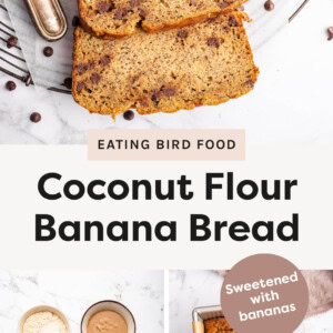 Slices taken from a loaf of Coconut Flour Banana Bread. Photo of the ingredients to make the bread, and a photo of the loaf of bread in a pan.