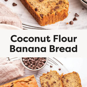 Slice of Coconut Flour Banana Bread, and a photo of the loaf of bread with some slices cut.