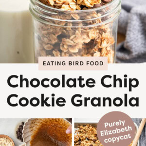 Chocolate chip cookie granola in a jar with a spoon taking a scoop out. Photos showing the process to make the granola, from pouring the wet mixture into the oats, and the granola being baked on a sheet pan.