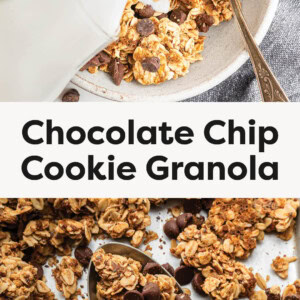 Milk being poured over a bowl of chocolate chip cookie granola. Photo of the granola on a sheet pan with a spoon.