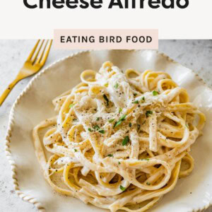 Plate of creamy cottage cheese alfredo pasta topped with herbs and black pepper.