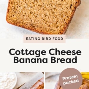 Top photo: Close-up of sliced cottage cheese banana bread showing moist, dense texture. Bottom left photo: Overhead view of two slices of banana bread next to a loaf and a bowl of cottage cheese on parchment paper. Bottom right photo: Whole loaf of banana bread on a wire rack, sliced open to show the inside texture with a “Protein packed” label.