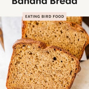 Close-up of sliced cottage cheese banana bread with a golden crust and moist, dense interior, displayed under a “Cottage Cheese Banana Bread” title banner.