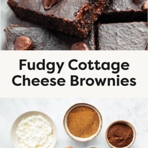 Close-up of fudgy brownies topped with chocolate chips. Flat lay of ingredients for brownies including cottage cheese, sugar, cocoa powder, flour, eggs, chocolate chips, vanilla, salt, and oil.