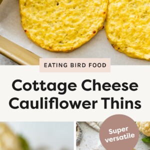 Top image: Three golden cauliflower thins baked on a parchment-lined sheet pan. Bottom left image: Stack of cooked cauliflower thins on a plate with blurred cauliflower in the background. Bottom right image: Four cauliflower thins on a plate lined with parchment paper, labeled 'Super versatile'.