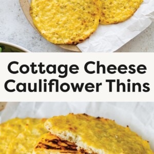 Top image: Four golden cauliflower thins on a plate lined with parchment paper. Bottom image: Stacked cauliflower thins with a broken piece on top showing soft, fluffy interior.
