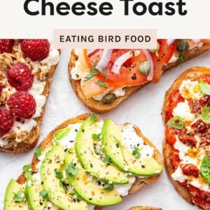 Easy cottage cheese toast with topping ideas including avocado, smoked salmon, pizza-style with marinara, berry jam with nuts, and banana with chocolate chips. Text overlay reads Easy Cottage Cheese Toast.