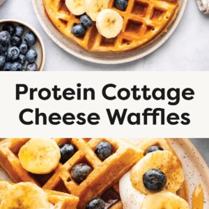 Plate with round golden waffle topped with banana slices and blueberries, fork and napkin on the side. Plate of waffle quarters topped with banana slices, blueberries, yogurt, and syrup.